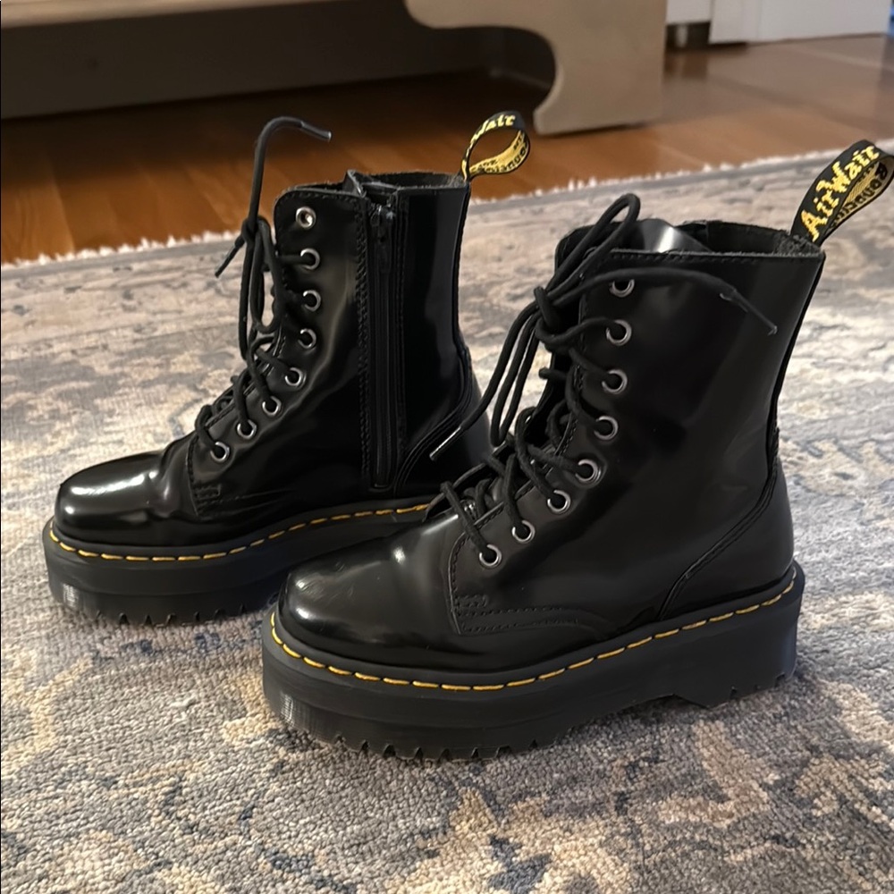 Dr. Martens Black Combat Moto Boots with Glossy Finish